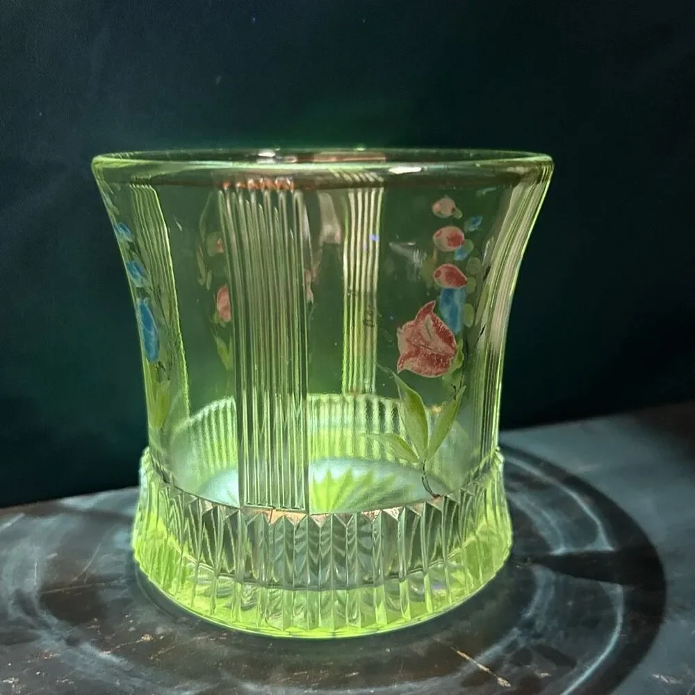 Vintage Cut Glass Hand Painted Spooner Short Vase UV Glow